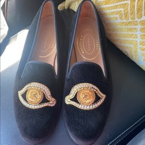 Stubbs & Wootton Black Velvet Loafers with Gold Eye Design